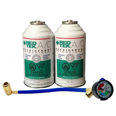 REDTEK A/C Refrigerant 6 oz cans & Installation Hose w/Gauge - 2 Cans title=