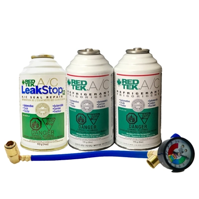 REDTEK A/C Refrigerant Recharge Kit with Gauge and LeakStop title=