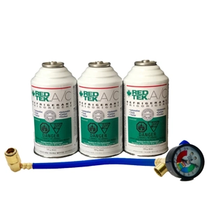 REDTEK A/C Refrigerant 6 oz cans & Installation Hose w/Gauge - 3 Cans
