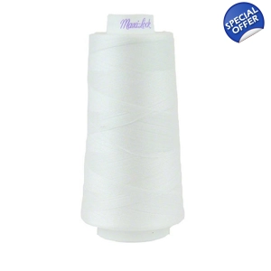 Overlocking thread cone in white with Maxi-Lock brand name printed on top of cone.