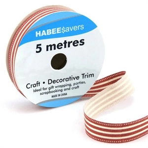 Habee Savers Printed Cotton Ribbon Red Stripes 15mm x 5m