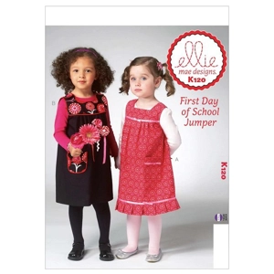 Sewing pattern cover showing toddlers square neck pinafores.