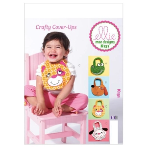 Sewing pattern cover showing infants bibs featuring animal motifs in four designs.