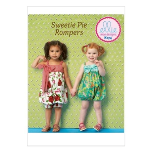 Sewing pattern cover showing toddlers rompers.