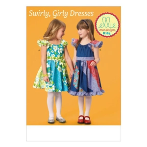 Sewing pattern cover showing girls pieced dresses.