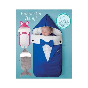 Sewing pattern cover showing a babies hooded sleeping bag in three designs.