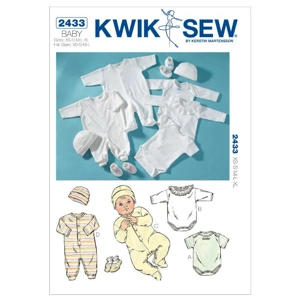 Sewing pattern cover showing babies rompers, cap and booties.