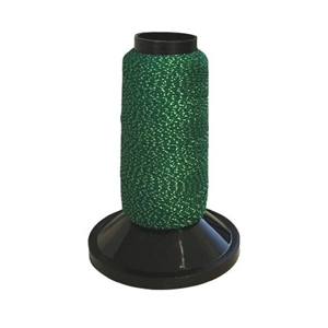 Emerald green metallic woolly nylon thread on a black cone.