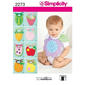 Simplicity pattern for 9 designs of baby bibs.