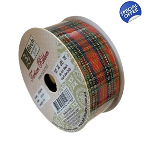 Tartan craft ribbon. on a cardboard roll with Birch brand label.