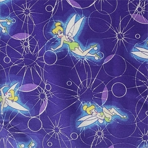 Fabric swatch with a Tinkerbell print on a purple background.
