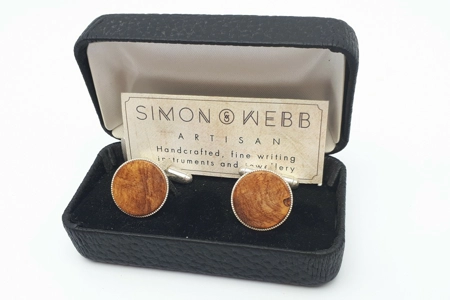 Silver plated cufflinks in amboyna burr