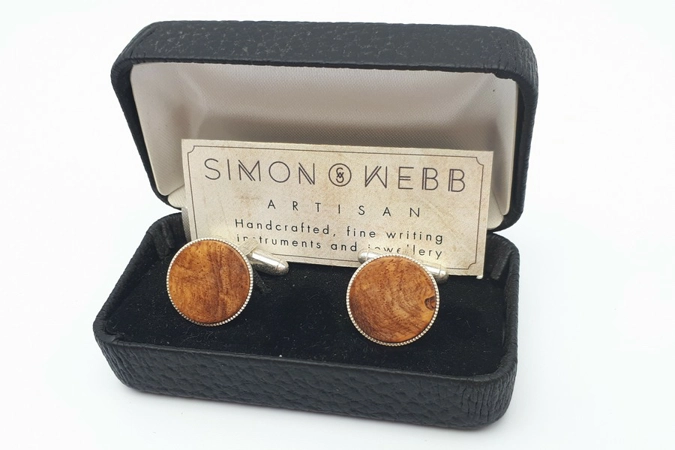 Silver plated cufflinks in amboyna burr
