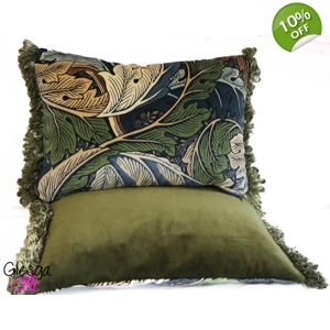 Cushion Cover Morris Acanthus Velvet Slate Green Fringed Lumbar