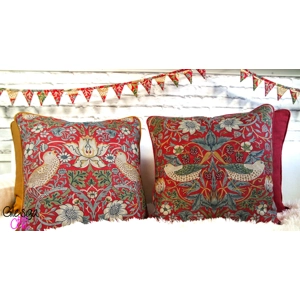 Cushion Cover William Morris Strawberry Thief Cotton Piped Crimson Red 43x43cm