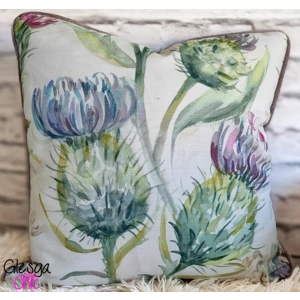 Voyage Scottish Thistle Piped Cushion Cover with Heather Linen Piped 40x40cm