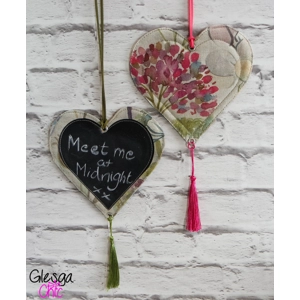 Handmade Hanging Heart Chalkboard Sign in Voyage Hedgerow Fabric