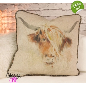 Harris Tweed Highland Cattle Herringbone Check Piped Cushion Cover 20x20