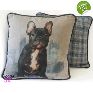 Cushion Cover Harris Tweed French Bulldog 18x18 Blue Grey