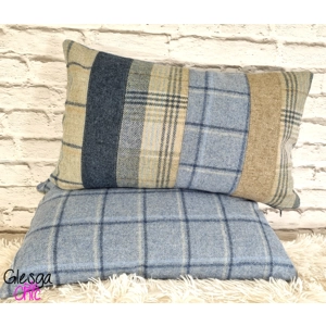Patchwork Cottagecore Cushion Cover Blue Tartan Abraham Moon Wool 30x50cm