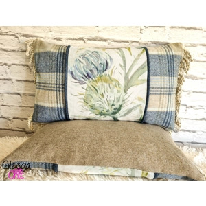Cushion Cover Voyage Scottish Thistles Blue Kincraig Tartan by Abraham Moon Fringed 30x50cm
