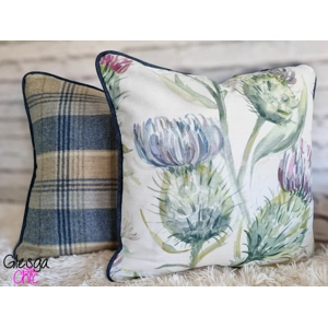 Handcrafted Cushion Cover with Voyage Scottish Thistles and Blue Wool Tartan Abraham Moon 40x40cm