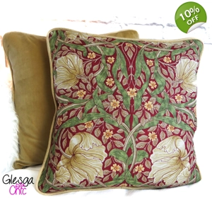 Cushion Cover Morris Pimpernel Linen Red Gold Green Piped 43x43cm