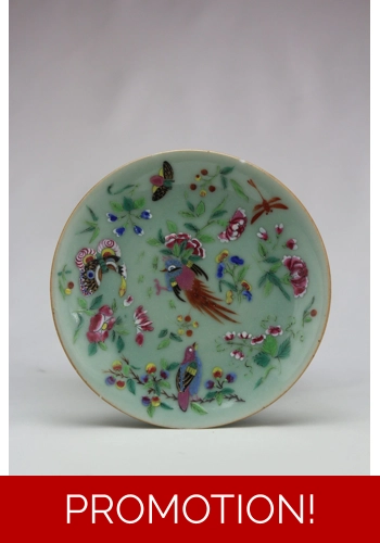 Chinese celadon Saucer with Coloured Enamel Decoration