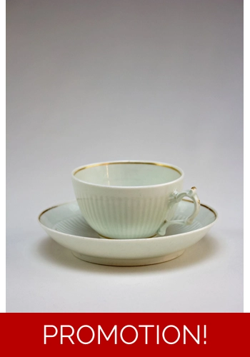 First period Worcester ribbed cup and saucer 1765