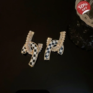 Pearl Crystal Checkered Flag Studded Earrings