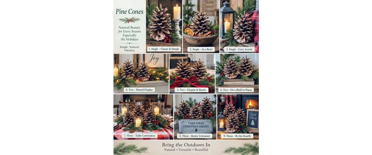 Decorating for the holidays with natural crafts and decorations made with pinecones and holiday colors