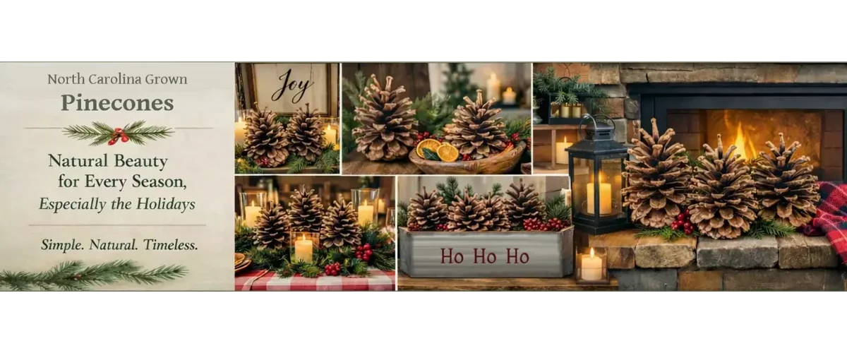 Decorating for the holidays with natural crafts and decorations made with pinecones and holiday colors