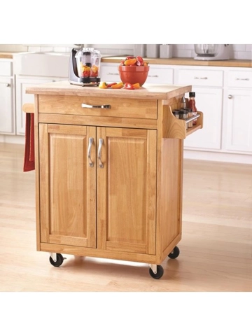 Kitchen Cart with Drawer, Spice Rack, Towel Bar, Butcher Block Top, Natural