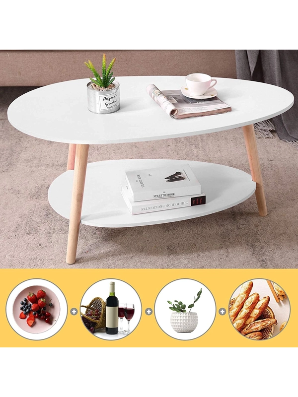 Coffee Table-Oval with Open Shelving for Storage and Display 2 Tier, White