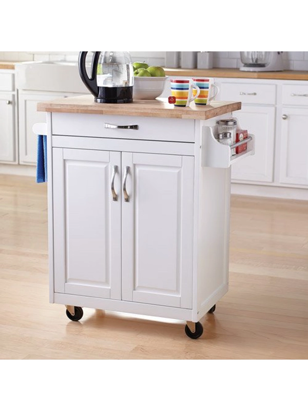 Kitchen Cart with Drawer, Spice Rack, Towel Bar, Butcher Block Top, White