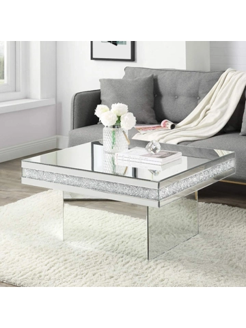 Coffee Table Mirrored with Crystal Inlay Surface, Square Silver Accent Table, Modern Design Luxury Coffee Table Mirrored with Crystal Inlay Surface, Square Silver Accent Table, Modern Design Luxury