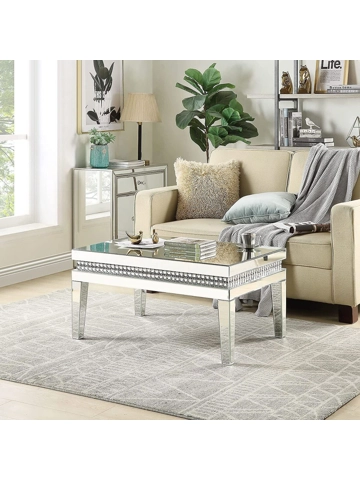 Coffee Table Mirrored with Crystal Inlay Surface, Rectangle Silver Accent Table, Modern Design Lux.. Coffee Table Mirrored with Crystal Inlay Surface, Rectangle Silver Accent Table, Modern Design Lux..