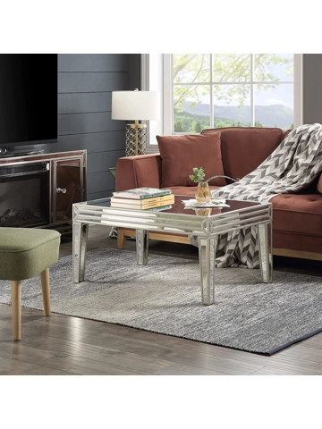 Mirrored Coffee Table, Golden Lines Coffee Table with Unique Desigin, Rectangle Silver Accent Table Mirrored Coffee Table, Golden Lines Coffee Table with Unique Desigin, Rectangle Silver Accent Table