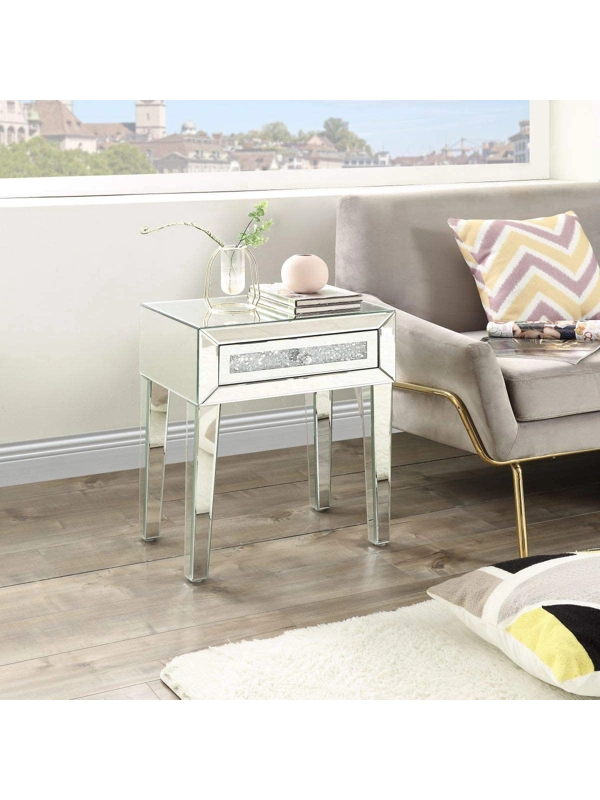 Mirrored End Table, Crystal End Table with 1-Drawers, Mirror Accent Silver Table, Modern Contemporary Furniture