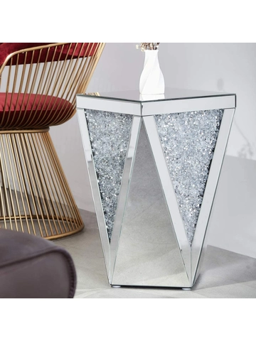 Mirrored End Table with Crystal Inlay, Square Modern Side Table Silver Accent Table, Drum End Tabl..