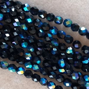 25, 6mm fire polished crystals,, jet black ab