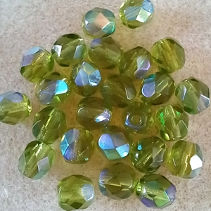 25, 6mm fire polished crystals transparent olive green ab