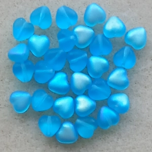 30, 6mm glass heart beads, frosted aqua blue ab