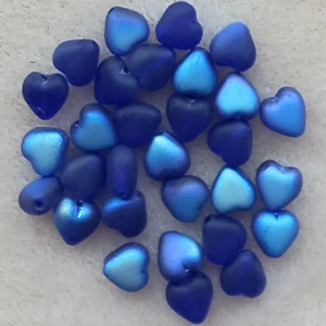 30, 6mm glass heart beads, frosted royal blue ab