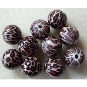 10, 13mm round animal print beads, brown