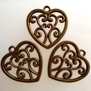 3 filigree heart charms, antique gold, 20mm x 22mm