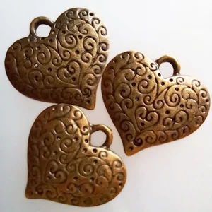 3 filigree embossed heart charms, antique gold, 27mm x 26mm
