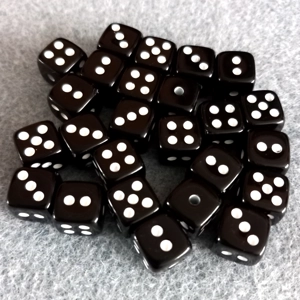 25 dice beads, 9mm cube,black with white dots