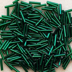 20g 12mm silverlined glass bugle beads, emerald green