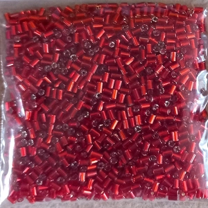 20g, 2mm bugle beads, silverlined bright red